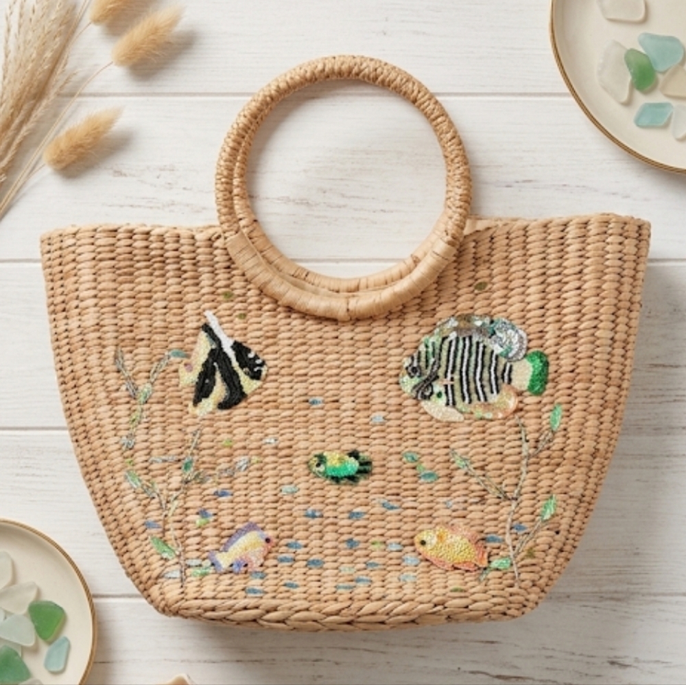 Cappelli Straworld Woven Straw Handbag Beaded Handle Boho Resort Coastal Y2K